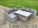 Fimous Outdoor Rattan Garden Funiture Set Height Adjustable Rising Lifting Table Sofa Dining Set with Big Footstool