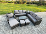 Fimous 10 Seater Rattan Lounge Sofa Set Outdoor Garden Furniture Set with Rectangular Coffee Table 3 Seater Sofa 3 Footstools Side Table Dark Grey Mixed