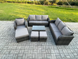 Fimous 10 Seater Rattan Lounge Sofa Set Outdoor Garden Furniture Set with Rectangular Coffee Table 3 Seater Sofa 3 Footstools Dark Grey Mixed