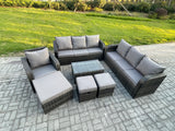 Fimous 10 Seater Rattan Lounge Sofa Set Outdoor Garden Furniture Set with Rectangular Coffee Table 3 Seater Sofa 3 Footstools Dark Grey Mixed