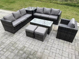 Fimous Outdoor Rattan Garden Furniture Lounge Sofa Set With Oblong Rectagular Coffee Table Arm Chair Side Coffee Table 2 Stools