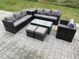 Fimous Outdoor Rattan Garden Furniture Lounge Sofa Set With Oblong Rectagular Coffee Table Arm Chair Side Coffee Table 2 Stools