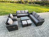 Fimous Rattan Outdoor Garden Furniture Sofa Set Patio Table & Chairs Set with 3 Seater Sofa Reclining Chair 2 Small Footstools Dark Grey Mixed