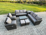 Fimous Rattan Outdoor Garden Furniture Sofa Set Patio Table & Chairs Set with 3 Seater Sofa Reclining Chair Side Table 2 Small Footstools Dark Grey Mixed