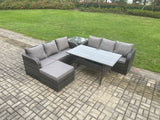 Fimous Rattan Garden Furniture Set with Oblong Rectangular Dining Table Big Footstool Side Table 5 Pieces Outdoor Lounge Sofa Set Dark Grey Mixed