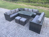 Fimous 11 Seater Outdoor PE Wicker Garden Furniture Rattan Lounge Sofa Set Patio Rectangular Dining Table with 2 Small Footstool Side Table Dark Grey Mixed