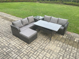 Fimous Rattan Garden Furniture Set with Oblong Rectangular Dining Table Big Footstool Side Table 5 Pieces Outdoor Lounge Sofa Set Dark Grey Mixed