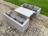Fimous Rattan Outdoor Garden Funiture Set Height Adjustable Rising Lifting Table Sofa Dining Set with Light Grey