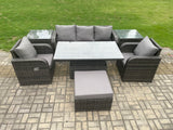 Fimous Wicker PE Rattan Outdoor Garden Furniture Set Height Adjustable Rising lifting Dining Table With Armchair 2 Side Tables Footstool