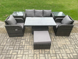 Fimous Wicker PE Rattan Outdoor Garden Furniture Set Height Adjustable Rising lifting Dining Table With Armchair 2 Side Tables Footstool