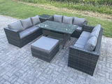Fimous 10 Seater Outdoor Wicker Garden Furniture Rattan Lounge Sofa Set Patio Rectangular Dining Table with Big Footstool Side Table Dark Grey Mixed