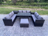 Fimous 10 Seater Outdoor Wicker Garden Furniture Rattan Lounge Sofa Set Patio Rectangular Dining Table with Big Footstool Side Table Dark Grey Mixed