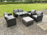 Fimous 7 Seater Outdoor Dark Grey Mixed High Back Rattan Sofa Dining Table Set Garden Furniture Love Sofa Arm Chair