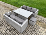 Fimous Outdoor Rattan Garden Funiture Set Height Adjustable Rising Lifting Table Sofa Dining Set with 2 Small Footstools