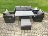 Fimous Wicker PE Rattan Outdoor Garden Furniture Set Height Adjustable Rising lifting Dining Table With Armchair Side Table Footstool