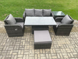 Fimous Wicker PE Rattan Outdoor Garden Furniture Set Height Adjustable Rising lifting Dining Table With Armchair Side Table Footstool