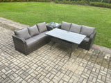 Fimous Rattan Garden Furniture Set with Oblong Rectangular Dining Table 4 Pieces Outdoor Lounge Sofa Set Dark Grey Mixed