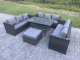 Fimous Outdoor Wicker Garden Furniture Rattan Lounge Sofa Set Patio Rectangular Dining Table with Big Footstool 10 Seater Dark Grey Mixed