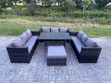 Fimous Outdoor Wicker Garden Furniture Rattan Lounge Sofa Set Patio Rectangular Dining Table with Big Footstool 10 Seater Dark Grey Mixed