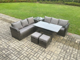 Fimous Rattan Garden Furniture Set with Oblong Rectangular Dining Table 2 Small Footstools Side Table 6 Pieces Outdoor Lounge Sofa Set Dark Grey Mixed