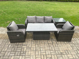 Fimous Wicker PE Rattan Outdoor Garden Furniture Set Height Adjustable Rising lifting Dining Table With Armchair Side Table