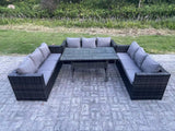 Fimous 9 Seater Outdoor Wicker Garden Furniture Rattan Lounge Sofa Set Patio Rectangular Dining Table Three Seater Sofa Dark Grey Mixed
