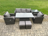 Fimous Wicker PE Rattan Outdoor Garden Furniture Set Height Adjustable Rising lifting Dining Table With Armchair Side Table 2 Small Footstools