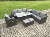 Fimous 9 Seater Rattan Garden Furniture Set Oblong Rectangular Dining Table and Chairs Set with 3 Seater Sofa Side Table 2 Small Footstools Dark Grey Mixed