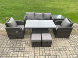 Fimous Wicker PE Rattan Outdoor Garden Furniture Set Height Adjustable Rising lifting Dining Table With Armchair Side Table 2 Small Footstools