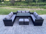 Fimous 11 Seater Outdoor Wicker Garden Furniture Rattan Lounge Sofa Set Patio Rectangular Dining Table with 2 Small Footstool Dark Grey Mixed