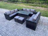 Fimous 11 Seater Outdoor Wicker Garden Furniture Rattan Lounge Sofa Set Patio Rectangular Dining Table with 2 Small Footstool Dark Grey Mixed