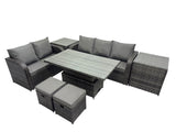 Fimous Rattan Garden Furniture Dining Set 7 seater Patio Height Adjustable Rising Lifting Table Sofa Set with 2 Small Footstools Dark Grey Mixed