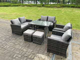 Fimous 8 Seater Outdoor Dark Grey Mixed High Back Rattan Sofa Dining Table Set Garden Furniture Love Sofa Chair 2Stools