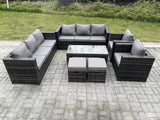 Fimous Outdoor Rattan Garden Furniture Lounge Sofa Set With Oblong Rectagular Coffee Table 2 PC Arm Chair 2 Stools