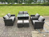 Fimous 8 Seater Outdoor Dark Grey Mixed High Back Rattan Sofa Dining Table Set Garden Furniture Love Sofa Chair 2Stools