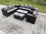 Fimous Outdoor Rattan Garden Furniture Lounge Sofa Set With Oblong Rectagular Coffee Table 2 PC Arm Chair 2 Stools