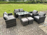 Fimous 8 Seater Outdoor Dark Grey Mixed High Back Rattan Sofa Dining Table Set Garden Furniture Love Sofa Chair 2Stools