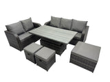 Fimous Rattan Garden Furniture Dining Set 8 seater Patio Height Adjustable Rising Lifting Table Sofa Set with 3 Footstools Dark Grey Mixed
