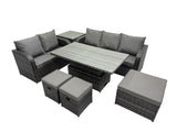 Fimous Rattan Garden Furniture Dining Set 8 seater Patio Height Adjustable Rising Lifting Table Sofa Set with 3 Footstools Side Table Dark Grey Mixed