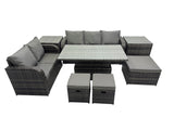 Fimous Rattan Garden Furniture Dining Set 8 seater Patio Height Adjustable Rising Lifting Table Sofa Set with 3 Footstools 2 Side Tables Dark Grey Mixed