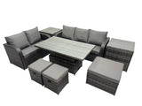 Fimous Rattan Garden Furniture Dining Set 8 seater Patio Height Adjustable Rising Lifting Table Sofa Set with 3 Footstools 2 Side Tables Dark Grey Mixed