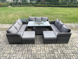 Fimous Outdoor Rattan Furniture Garden Dining Set Gas Fire Pit Table With Side Table Lounge Sofa 2 Big Footstool