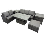 Fimous Rattan Garden Furniture Dining Set 6 seater Patio Height Adjustable Rising Lifting Table Sofa Set with 2 Side Tables Dark Grey Mixed