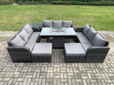 Fimous Outdoor Rattan Furniture Garden Dining Set Gas Fire Pit Table With Side Table Lounge Sofa 2 Big Footstool