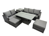 Fimous Rattan Garden Furniture Dining Set 7 seater Patio Height Adjustable Rising Lifting Table Sofa Set with Side Table Dark Grey Mixed