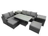Fimous Rattan Garden Furniture Dining Set 7 seater Patio Height Adjustable Rising Lifting Table Sofa Set with 2 Side Tables Dark Grey Mixed