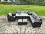Fimous 9 Seater Rattan Garden Furniture Set Oblong Rectangular Dining Table and Chairs Set with 3 Seater Sofa Side Table 2 Small Footstools Dark Grey Mixed
