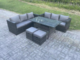 Fimous PE Wicker Outdoor Garden Furniture Set Patio Rattan Rectangular Dining Table Lounge Sofa with 2 Small Footstool 8 Seater Dark Grey Mixed