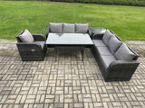 Fimous 7 Seater Rattan Garden Furniture Set Oblong Rectangular Dining Table and Chairs Set with 3 Seater Sofa Side Tables Dark Grey Mixed