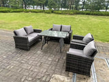 Fimous 6 Seater Outdoor Dark Grey Mixed High Back Rattan Sofa Dining Table Set Garden Furniture